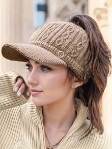 1pc Winter Knit Beanie For Women, Elastic Ponytail Baseball Cap With Ear Flaps, Thick Fleece Lined Stretchable Hat, Featherless, Hand Washable Polyester Baseball Cap - Multicolor - View 2