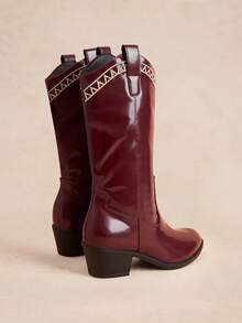 Rosivie Autumn And Winter Thick Heel Embroidery Geometric Pattern Retro Commuter Mid Tube Knight Boots - Burgundy - View 5