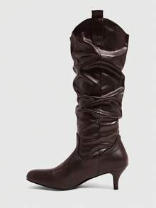 CUCCOO SZL Retro Gentle Style Women Autumn And Winter Commute Dating Solid Color Round Toe High Tube Fine Heel Natural Pile Pleated Tube Elegant Long Tube Fa - Coffee Brown - View 4