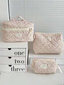 Found Favorite 1Pc/Set Floral Makeup Bags Corduroy Multifunctional Cosmetic Organizer Portable Cosmetics Storage Clutch With Zipper Closure For Cosmetics,Skin Care - Multicolor - View 14