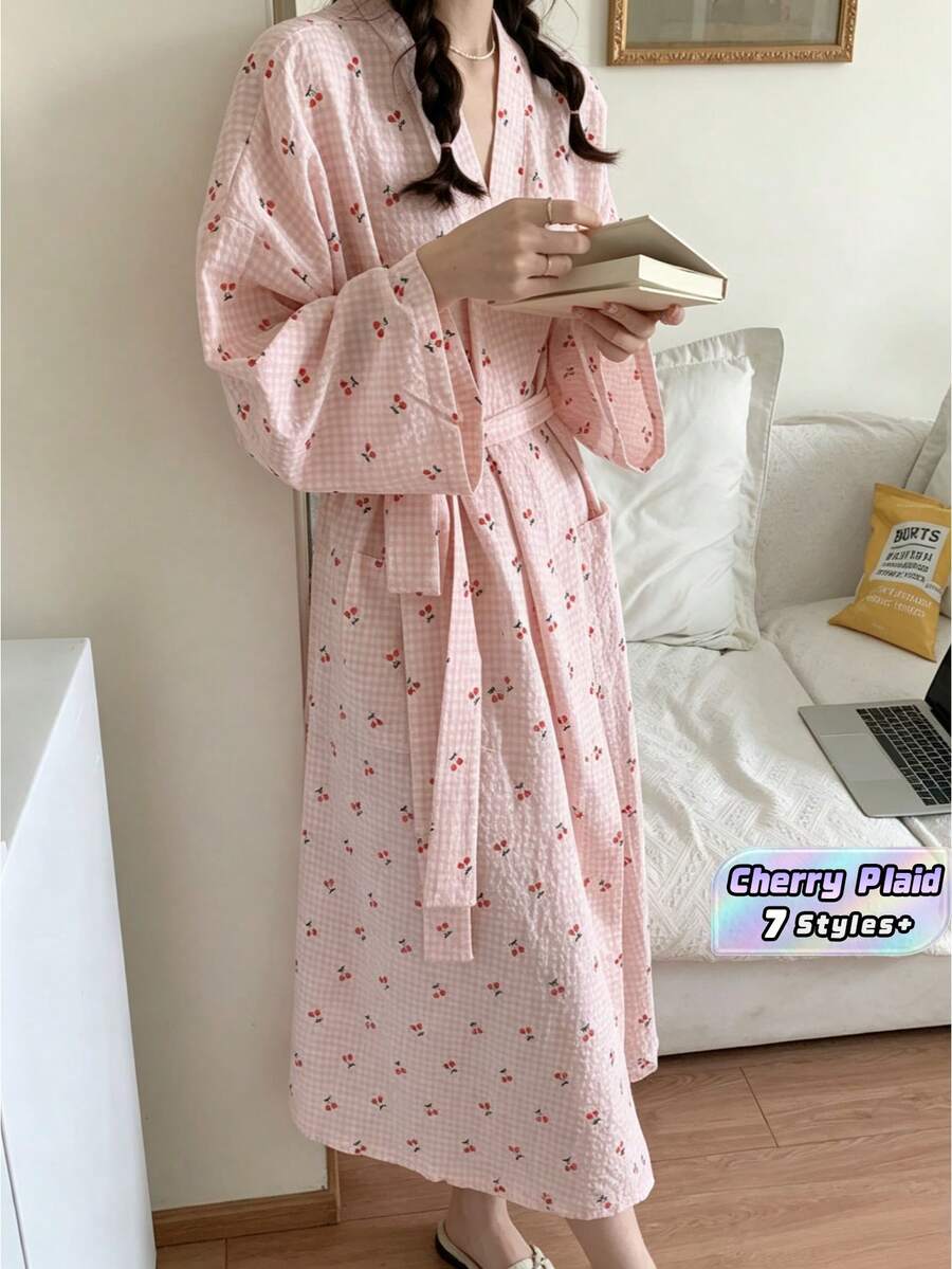 Napfluff 女款休閒櫻桃格紋印花開襟長款輕盈飄逸和服式開襟衫,舒適居家沙灘度假罩衫 - A粉色 - 查看 1