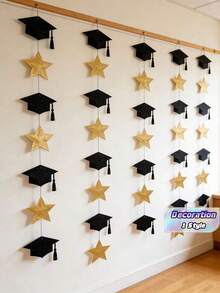 3 Set Graduation Cap Star Banner, Glitter Graduation Party Decor Hanging Flag, Suitable For Graduation Party And Ceremony, Home Decor Hanging Flag - Multiple Styles - View 2