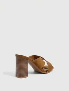 CUCCOO SZL Brown Coffee Cross With Square Toe Thick Heel Outside Wearing Elegant Women's Sandals - Brown - View 4