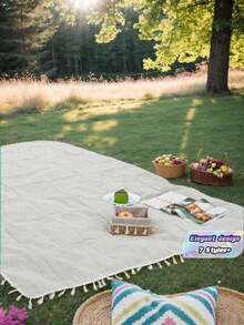 Bubaba 1 Pc Beige Linen Material Rectangular Picnic Blanket Mat, Portable Outdoor Rug For Camping, Beach, Travel, Home Events - Beige - View 1