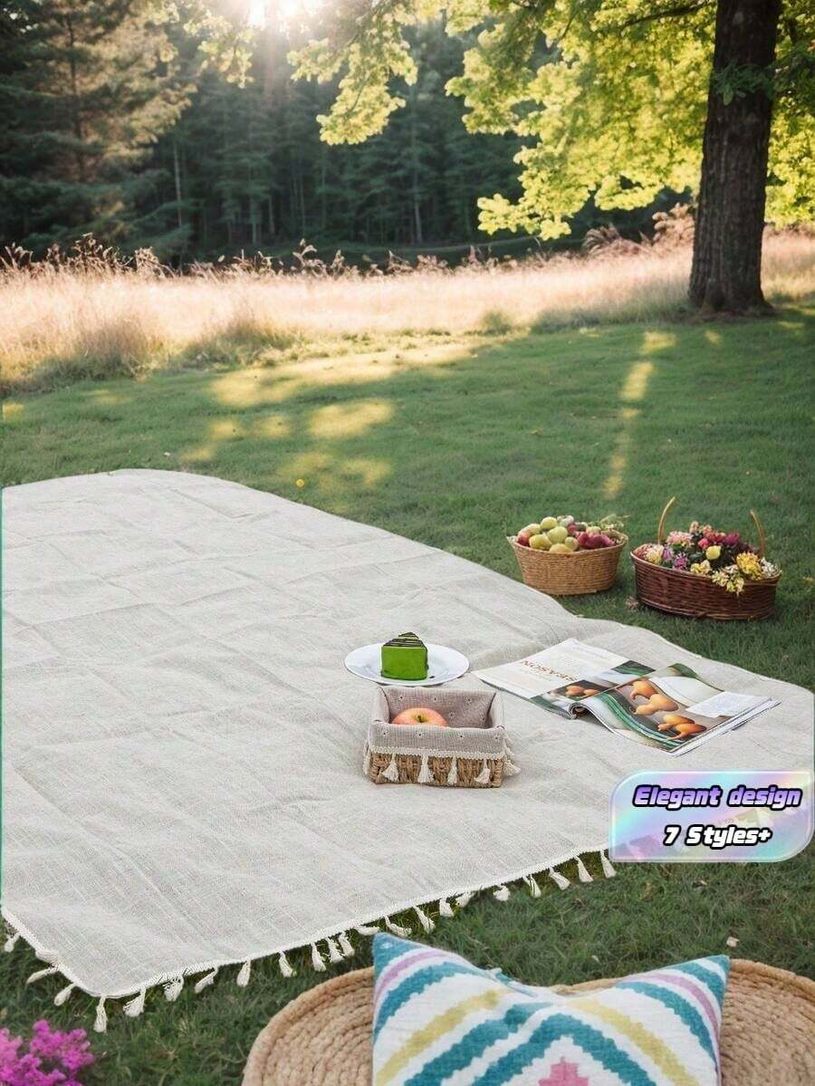 Bubaba 1 Pc Beige Linen Material Rectangular Picnic Blanket Mat, Portable Outdoor Rug For Camping, Beach, Travel, Home Events - Beige - View 1