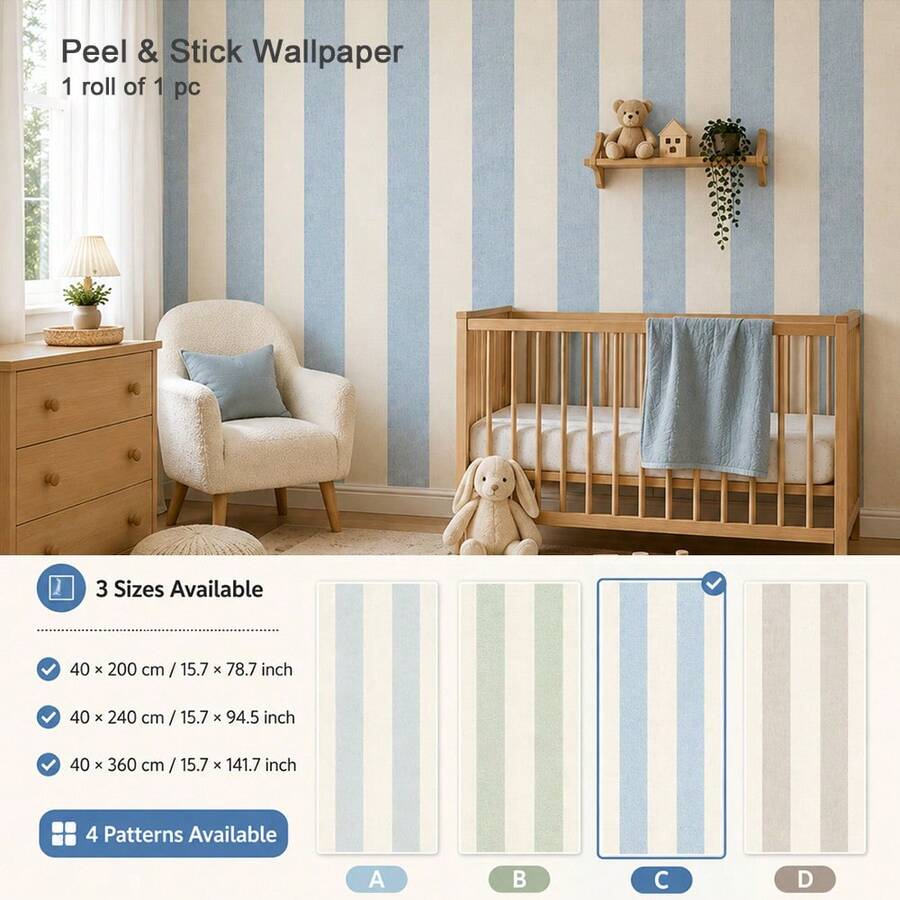 1PC Pastel Vertical Stripe Peel & Stick Wallpaper, Removable PVC Wall Decor For Nursery, Kids Room & Playroom - Multicolor - View 1