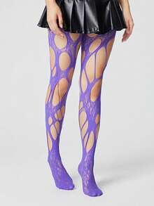 ROMWE 1Pair Of Dark Gothic Purple Hollow Fishing Net Socks - Purple 8 - View 4