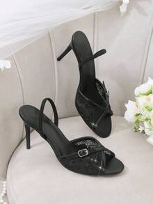 CUCCOO HITCHD Women's Fashion And Sexy Round Lace Embroidered Thread Bead Mesh Fabric, Thin Belt Contrasting Metal PU Material, Small Edge Buckle. Fine Heel Color M - Black - View 1