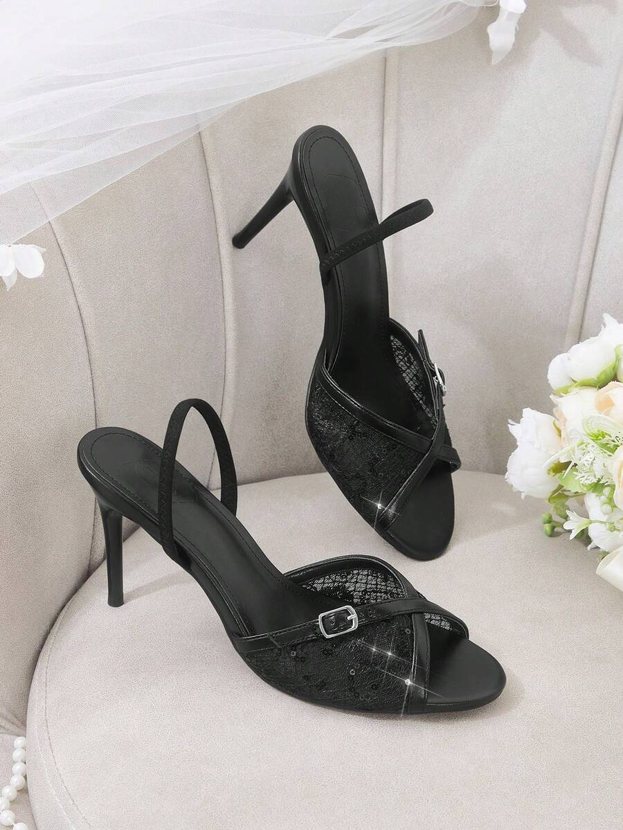 CUCCOO HITCHD Women's Fashion And Sexy Round Lace Embroidered Thread Bead Mesh Fabric, Thin Belt Contrasting Metal PU Material, Small Edge Buckle. Fine Heel Color M - Black - View 1