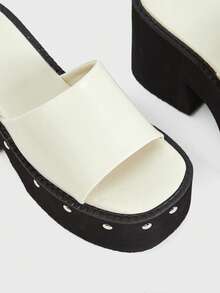 Sugerpunk 女款高跟涼鞋 11cm 超高跟厚底楔形跟拖鞋，粗跟鉚釘增高馬芬鞋 夏季款 - 米色 - 查看 4