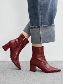 CUCCOO BIZCHIC Women's Retro Alligator Pattern Pressed Leather Pointed Heel Side Zipper Short Boots Burgundy Glossy PU Slim Temperament Autumn And Winter Ankle Boots - Burgundy - View 4