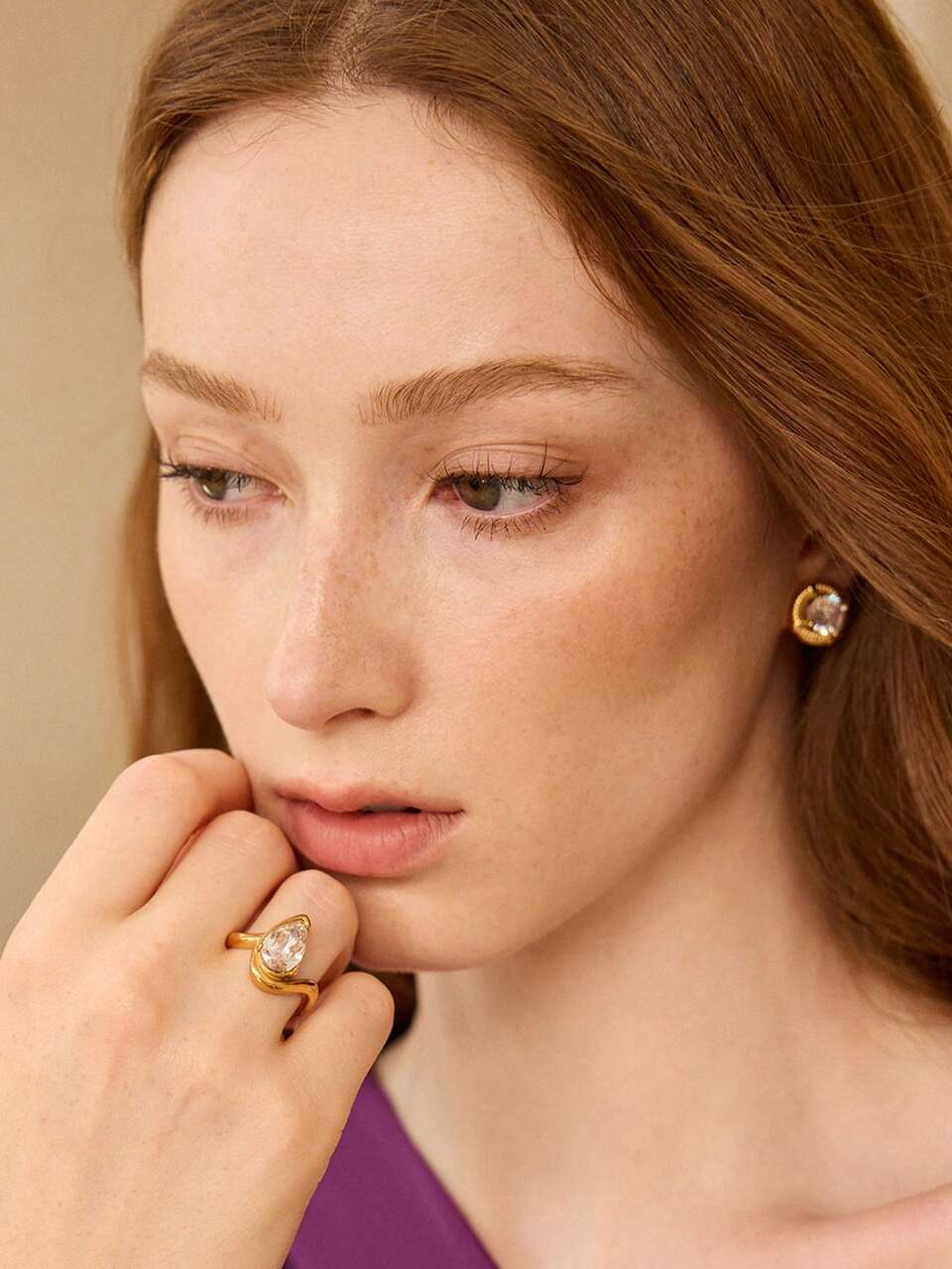 MOTF TWISTED OPEN PEARL CUT CRYSTAL GOLD RING, MINIMALIST IRREGULAR TEARDROP  RING, ELEGANT EVERYDAY DATING STACKABLE WOMEN'S JEWELRY GIFT