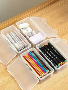 Set Of Four Large-Capacity Transparent Storage Boxes With Flip Lids, Suitable For Office, School, Art Supplies, Desktop Accessories, And A Must-Have For Back-To-School Season - Clear - View 7