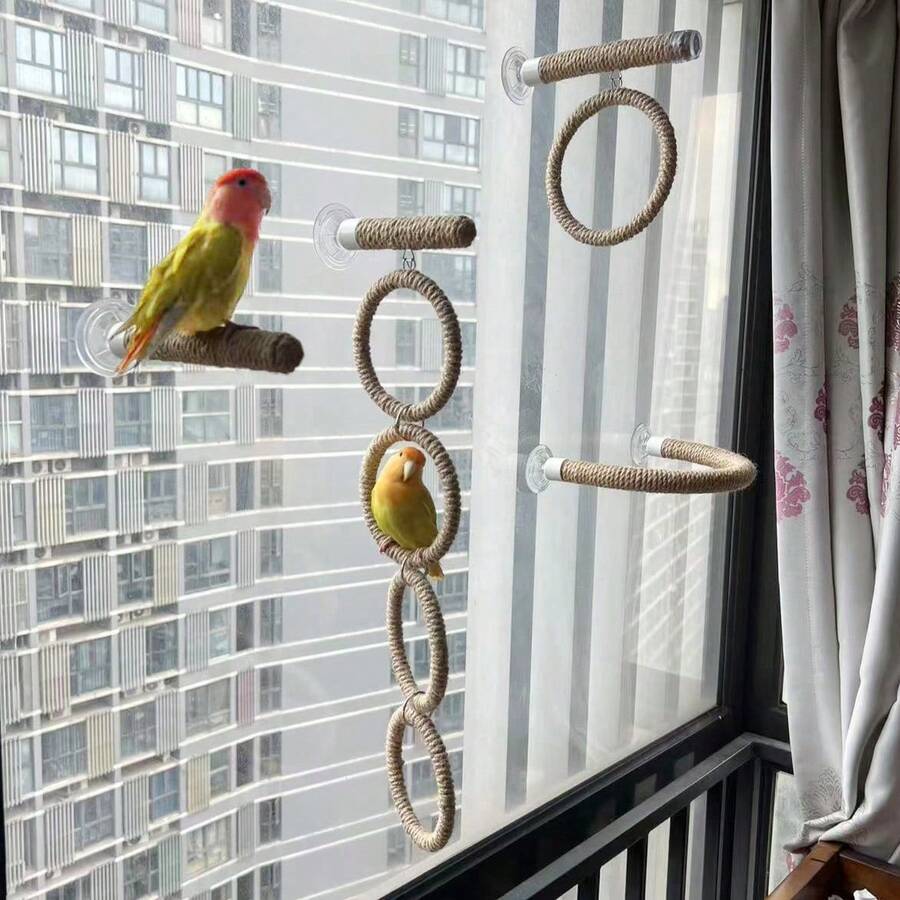 Multifunctional Hemp Rope Bird Standing Rack, Parrot Aerial Perch Rack With Suction Cups Installed On Glass, Bird Swing And U-Shaped Station Pole Installed In Cage, Multi-Purpose Parrot Fitness Rack And Playground - Camel - View 1