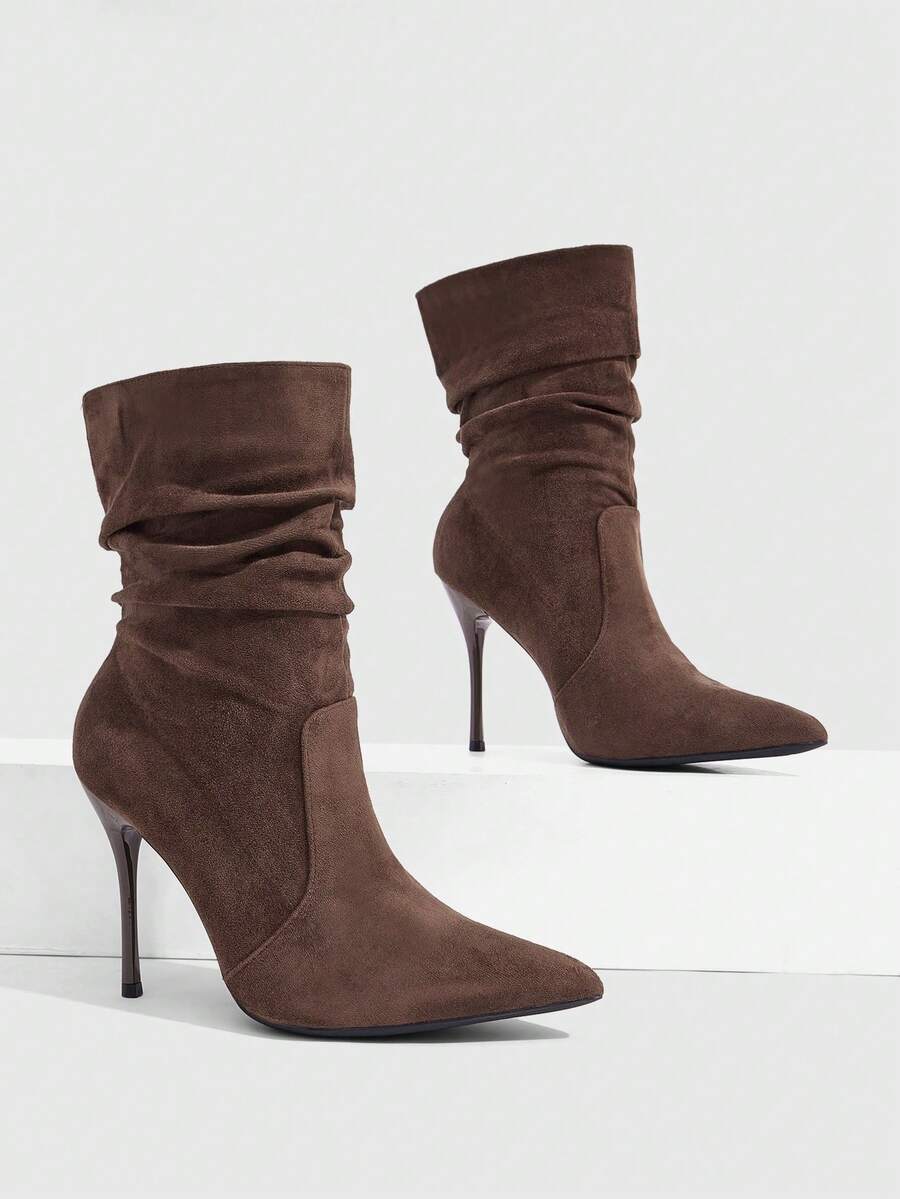 CUCCOO SZL Suede Flanged Pleated Piled Pointed Stiletto Boots, Maillard Autumn And Winter - coffee color - View 1