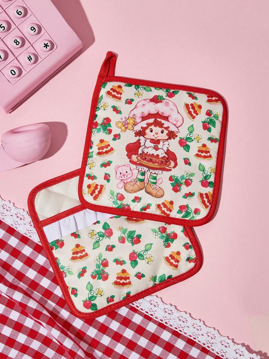Strawberry Shortcake X SHEIN 1pc/2 Pcs Cute Cartoon Print Kitchen Insulation Set, Insulation Mat, A Must For Kitchen Baking, Effectively Isolating Heat Sources, Single/Combination - Beige - View 1