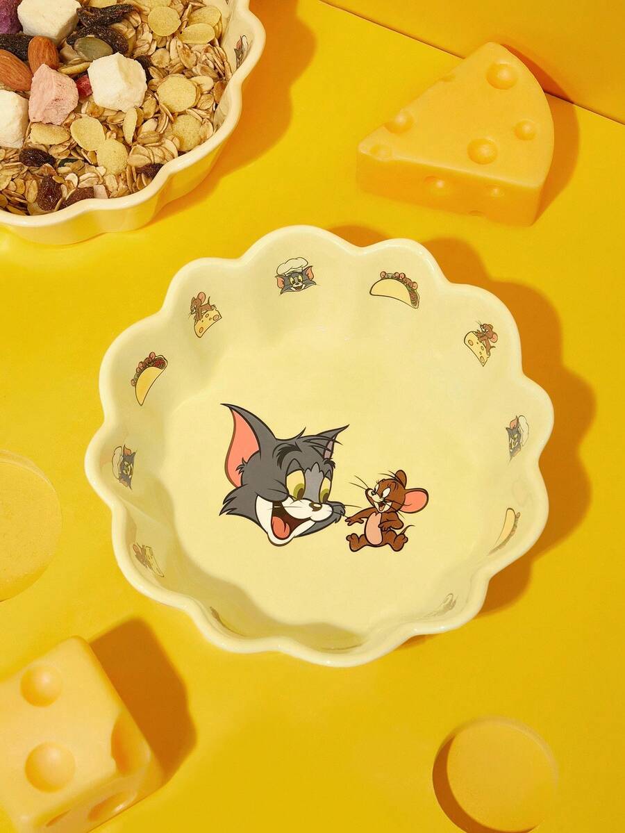 TOM & JERRY X SHEIN 450ml Cartoon Pattern Ceramic Ramen Bowl With Shell Decoration - Yellow - View 1