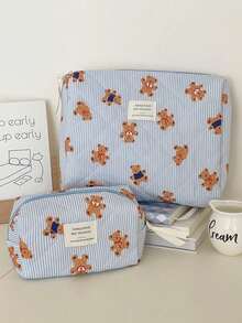 Found Favorite 1Pc/Set Cute Bear Pattern Large Capacity Multifunctional Cosmetie Bag ,Travel Makeup Bag ,Girls Make Up Bag ,Back To School Wallet Pouch Portable - Blue - View 12