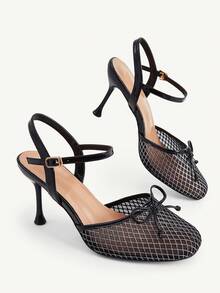 CUCCOO CHICEST Ladies' New Sexy Stiletto Fashion Mesh Bow Square Toe Sandals, Black Elegant Fairy Style Dating - Black - View 4