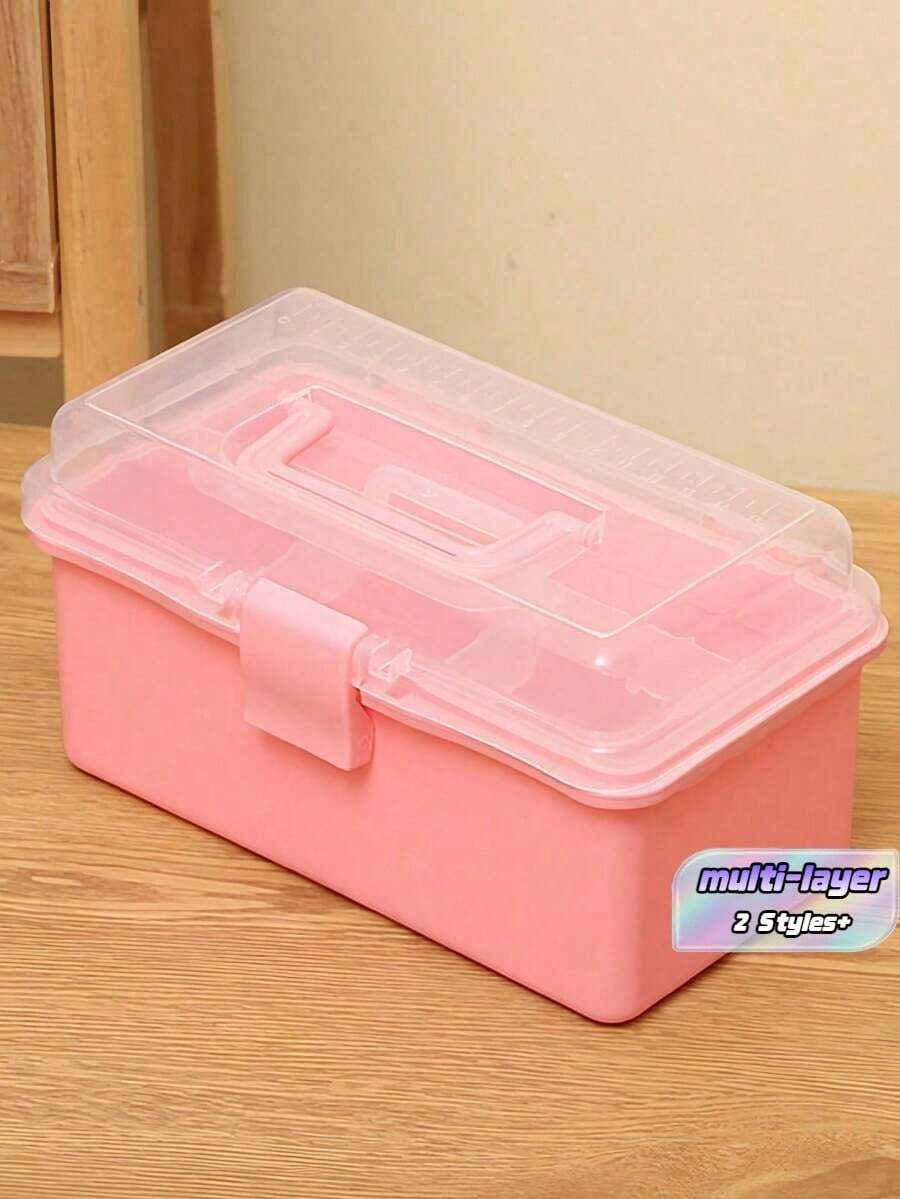 2 Layers Large Capacity Transparent Plastic Folding Tool Organizer Box Waterproof Portable Storage With Handle For Home And Garage Character Organizer Storage Back To School Home Decor - Multicolor - View 1