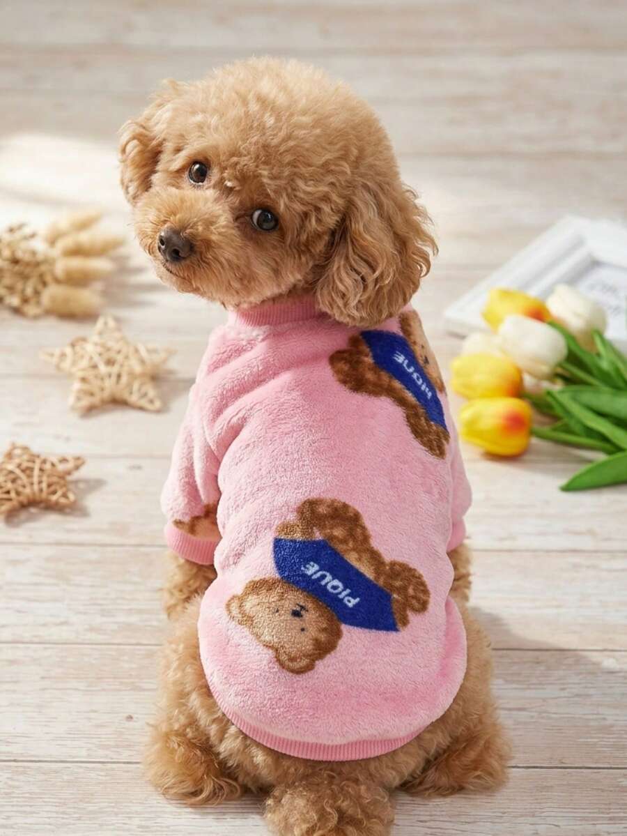 PETSIN 1pc Fleece Pink Bear Print Pet Sweatshirt Without Hat For Keeping Warm - Multicolor - View 1