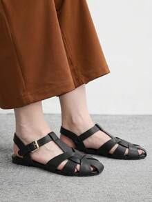 CUCCOO BIZCHIC Women's Closed-Toe Fisherman Sandals - Woven Buckle Ankle Strap Flat - Black - View 5