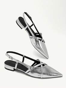 CUCCOO CHICEST Women's Cross Strap Bimetal Buckle Back Trip Strap Pointed Toe Competent Commuter Glossy Patent Leather Silver Backspace Sandals Workplace Commuter D - Silver - View 4