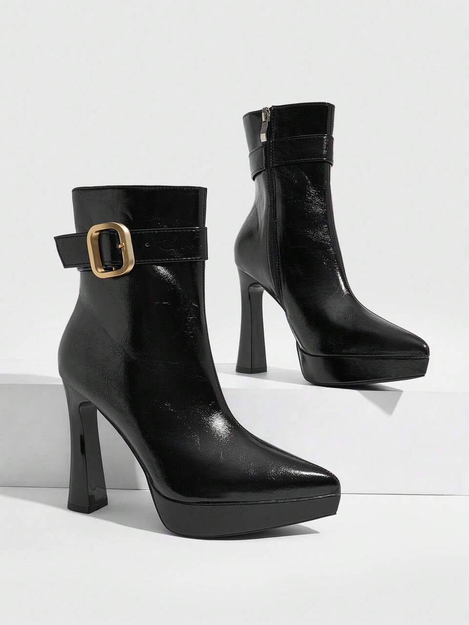 CUCCOO SZL Women Shoes High Heel Metal Buckle Black PU Women's Fashion Boots Side Zipper & Ankle Boots Casual Shopping Autumn/Winter Boots Dating Party Fall Shoes