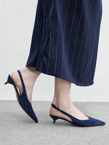 CUCCOO BIZCHIC Giày cao gót nữ màu xanh navy bằng da lộn, phong cách đơn giản thời trang, đi làm hằng ngày, gót nhọn, quai hậu slingback - Màu xanh hải quân - Xem 4