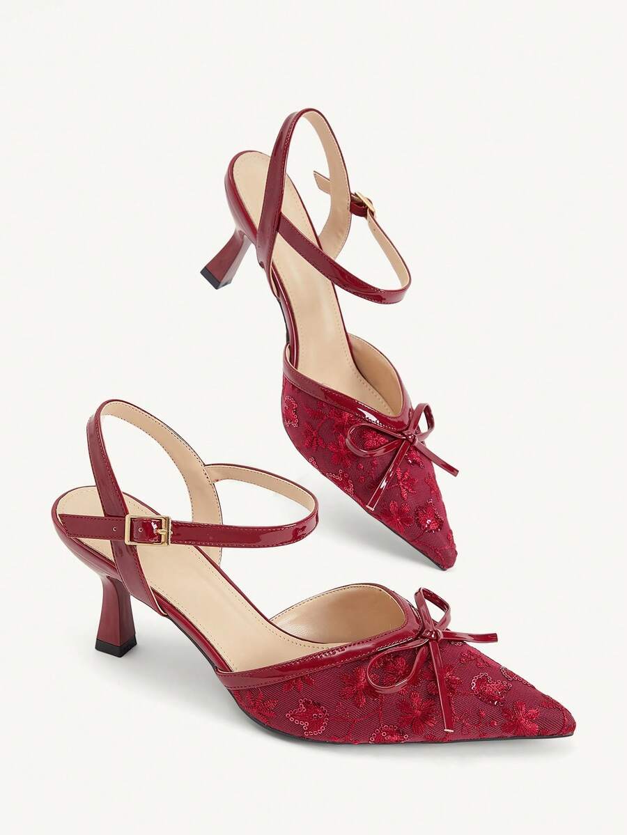 CUCCOO CHICEST 女款刺繡花卉露跟高跟鞋,蝴蝶結裝飾尖頭網布細跟涼鞋,優雅露背高跟鞋,適合日常、婚禮、派對 - 紅色 - 查看 1
