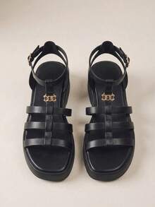 HighSole 女士春季T型带扣凉鞋，厚底坡跟鞋，2024夏季新款圆头粗跟沙滩凉鞋 - 黑色 - 查看 5