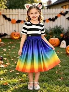 MINKOJA Summer Girls Rainbow Stripe Costumes For Kids Halloween Carnival Cosplay Outfit With Headband Birthday Gift Party Dress Up Children Fancy - White - View 1