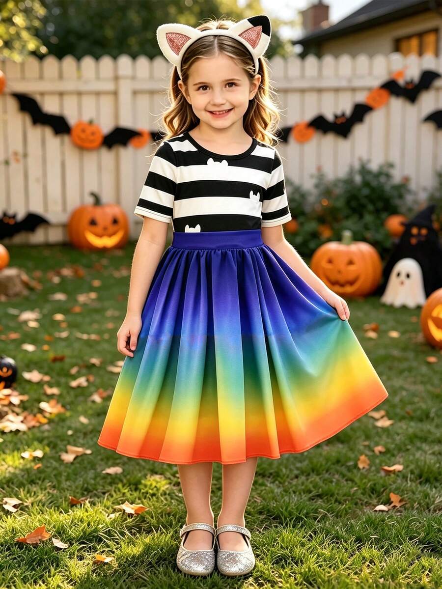MINKOJA Summer Girls Rainbow Stripe Costumes For Kids Halloween Carnival Cosplay Outfit With Headband Birthday Gift Party Dress Up Children Fancy - White - View 1