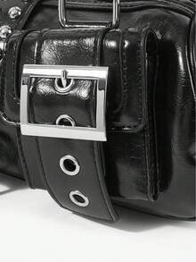 Viva Strut Women's Shoulder Bag, Y2K Biker Style Purse With Rivets, Metal Buckles And Studded Details, Gothic Punk Style Handbag For Women - Black - View 5