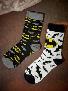 BATMAN X SHEIN 2 Pack Of Bat Pattern Medium Tube Socks - color mixing - View 1