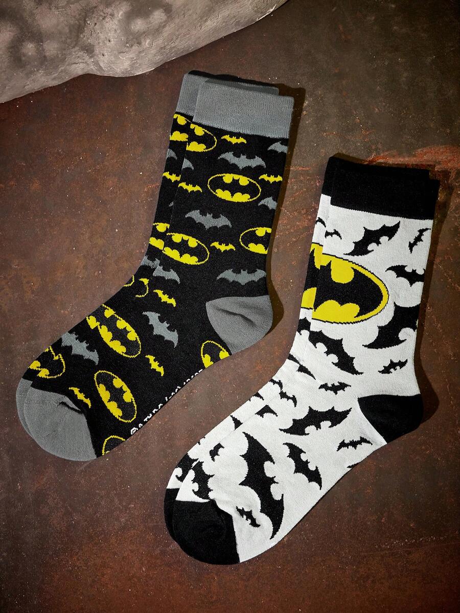 BATMAN X SHEIN 2 Pack Of Bat Pattern Medium Tube Socks - color mixing - View 1