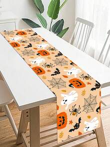 1pc Halloween Decoration Table Runner, Ghost Pumpkin Bat Pattern Orange Polyester Table Cover, Halloween Boo Ghost Tablecloth, Happy Halloween Decorative Table Cloth, Trick Or Treat, Halloween Cabinet Decorative Cover, Dining Table Centerpiece - Orange Full Version Halloween - View 1