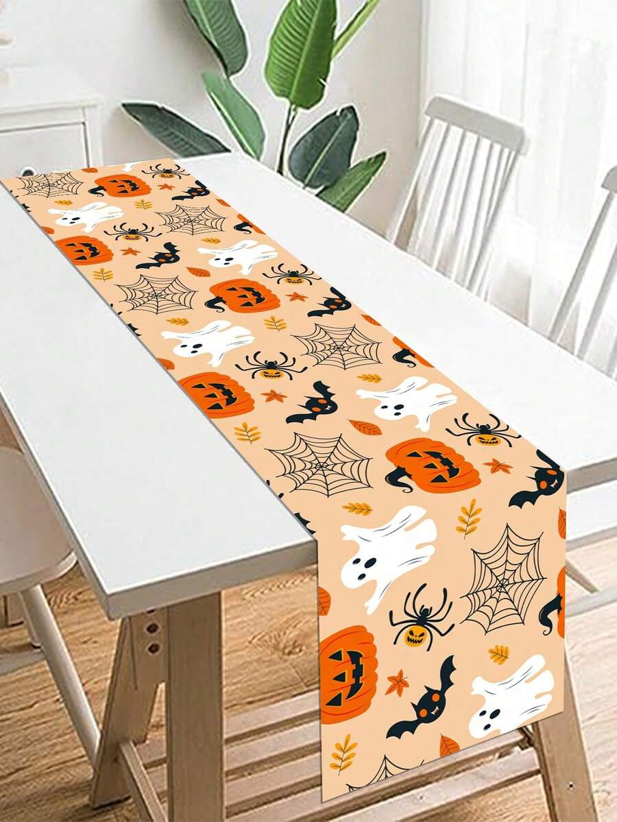 1pc Halloween Decoration Table Runner, Ghost Pumpkin Bat Pattern Orange Polyester Table Cover, Halloween Boo Ghost Tablecloth, Happy Halloween Decorative Table Cloth, Trick Or Treat, Halloween Cabinet Decorative Cover, Dining Table Centerpiece - Orange Full Version Halloween - View 1