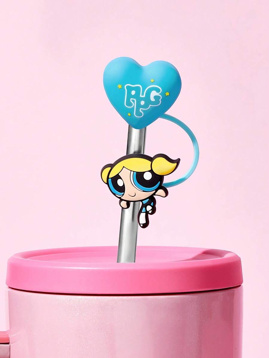 THE POWERPUFF GIRLS X SHEIN 可愛心形吸管套,防塵可重複使用吸管尖端蓋,不含吸管,禮物創意,派對、節日、情人節、飲水用 - 藍色 - 查看 1