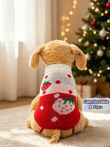 Festive Christmas Strawberry Graphic Pet Knit Pullover, Breathable Warm Winter Clothes, Fashion Pet Apparel For Holiday Photoshoots & Daily Use - C - View 1