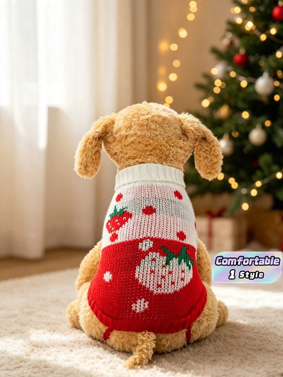 Festive Christmas Strawberry Graphic Pet Knit Pullover, Breathable Warm Winter Clothes, Fashion Pet Apparel For Holiday Photoshoots & Daily Use - C - View 1
