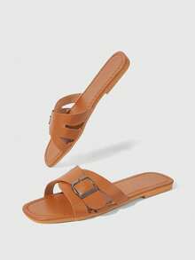 HighSole 女士纯色平底舒适凉鞋（带扣） - 棕色 - 查看 10