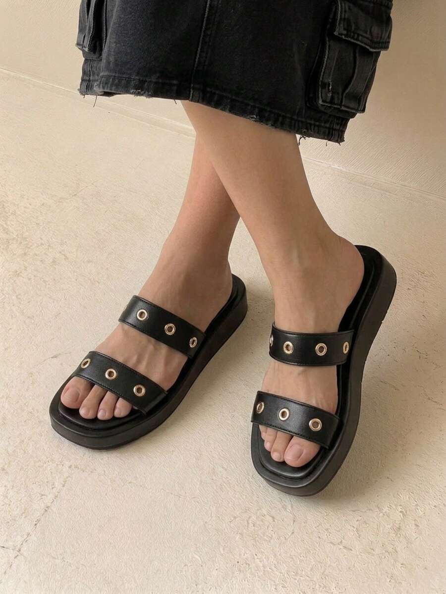 HighSole Spring And Summer New Metal Rivets Double With Open Toes Thick Bottom Black Personalized Sandals Women Wear Shopping Travel Versatile - Black - View 1
