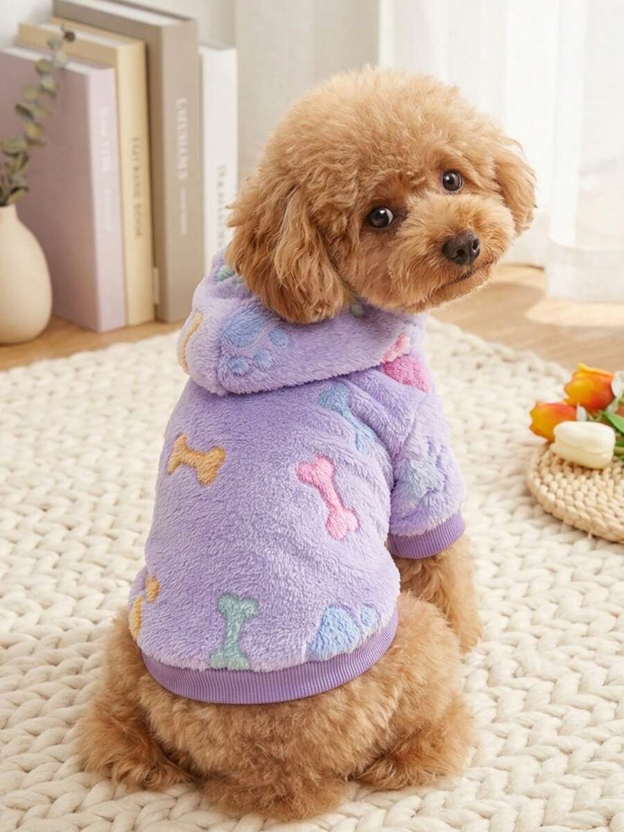 PETSIN 1件粉色爪印毛茸茸連帽寵物衛衣,厚實保暖冬季貓狗寵物衣服 - 彩色 - 查看 1