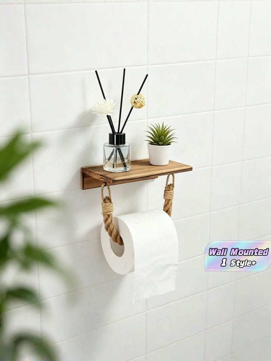 1pc Multifunctional Toilet Paper Holder, Wooden Wall-Mounted Toilet Paper Rack, No Drilling Required, Phone, Toilet Paper, Aroma Diffuser Holder