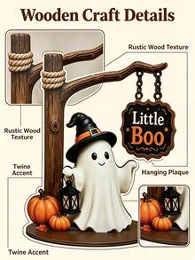 Tượng ma mỉm cười dễ thương, trang trí Halloween đế gỗ phong cách retro, quà tặng trang trí bàn ma bí ngô nhỏ - Mũ phù thủy ma - Xem 4