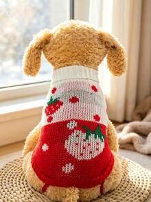 Festive Christmas Strawberry Graphic Pet Knit Pullover, Breathable Warm Winter Clothes, Fashion Pet Apparel For Holiday Photoshoots & Daily Use - C - View 3