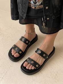 HighSole Spring And Summer New Metal Rivets Double With Open Toes Thick Bottom Black Personalized  Sandals Women Wear Shopping Travel Versatile - Black - View 4