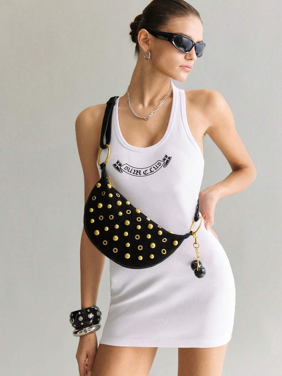 Viva Strut Women's Fashionable Street Personalized Versatile Sweet Cool Girl Y2K Black Suede Gold Rivet Cherry Pendant Decorative Shoulder Bag, Daily Shopping - Black golden cherry - View 1