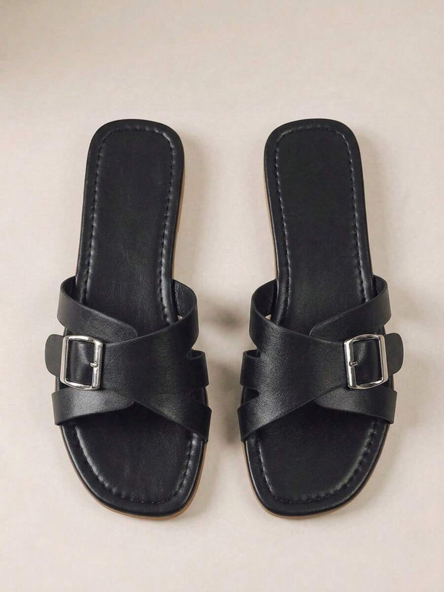 HighSole Ladies Solid Color Buckle Decorative Summer Fashion Flat Sandals - Black - View 1